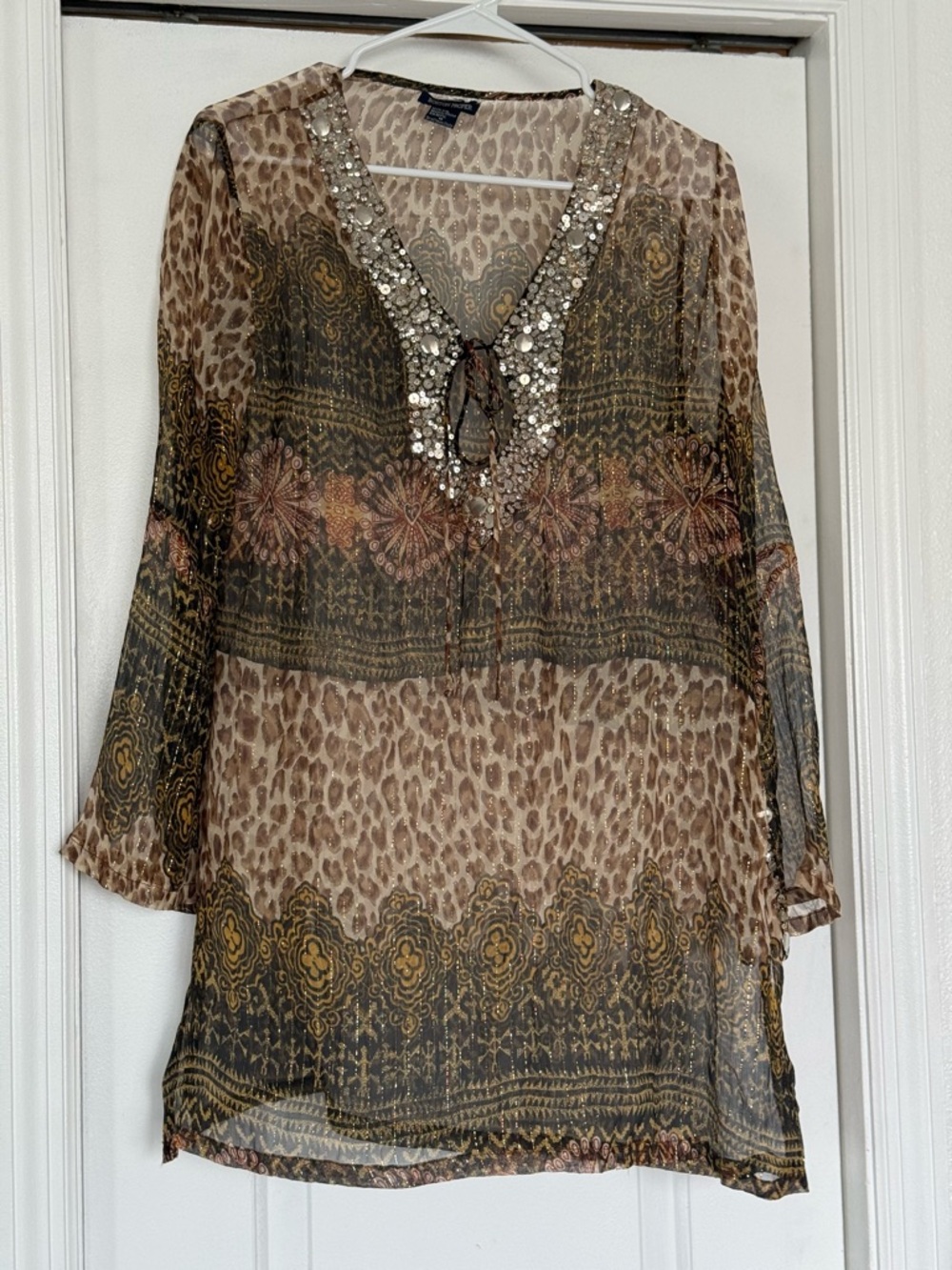 Boston Proper Brown Leopard & Paisley Beaded V-Neck Tunic